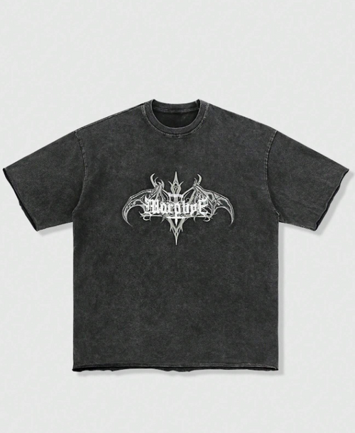 Acid Wash Gothic Bat Wing Oversized T-Shirt – Streetwear Edition